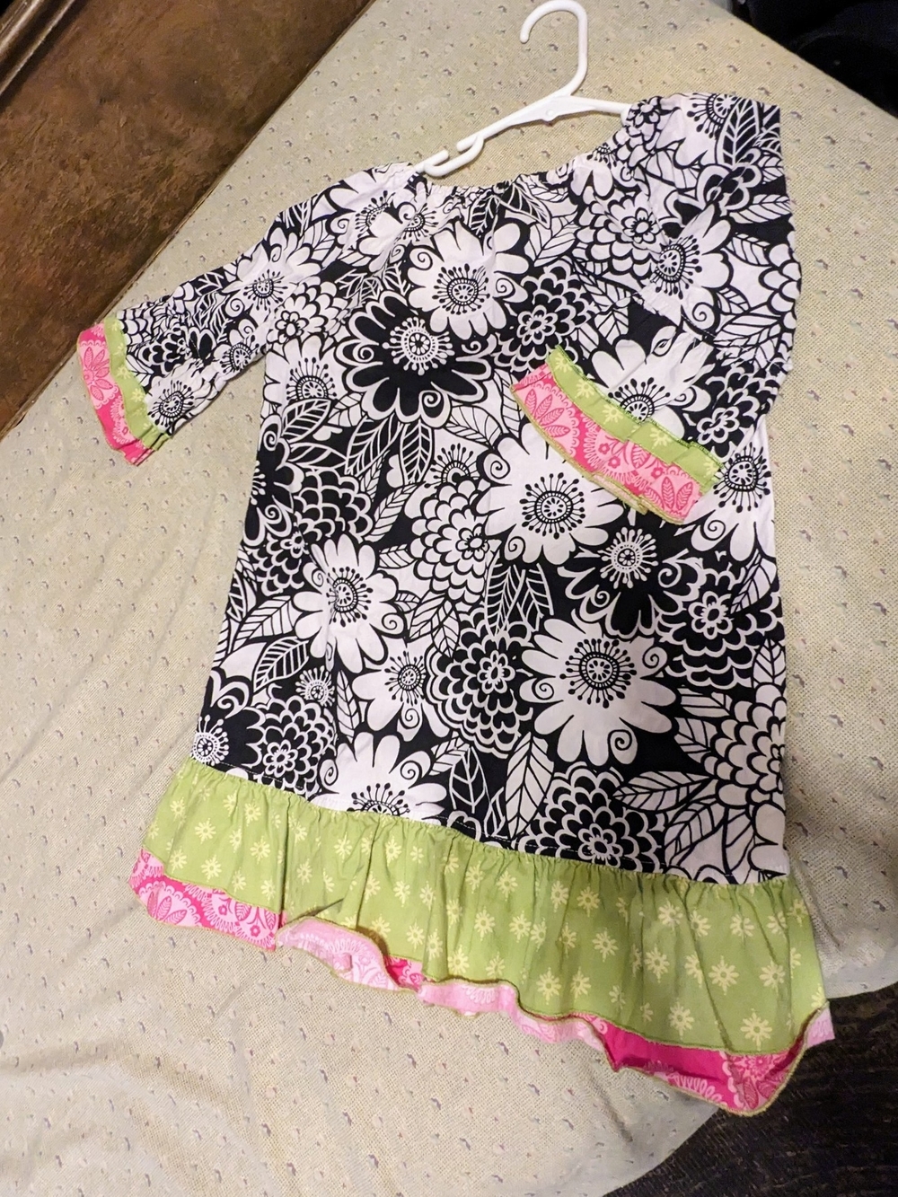 Girls Black & White Florall Dress with Pink and Green Accents